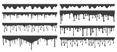 Melted drips and liquid paint drops. Current chocolate, ink, honey or syrup. Oil and cream blobs. Vector seamless border.