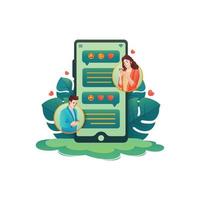 Online dating app illustration, Chatting couple, Text, sms, love, match, mobile, leaves, gradient, Character vector illustration.
