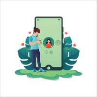 Dating app illustration, selection profile, Text, sms, love, match, mobile, leaves, gradient, Character vector illustration.