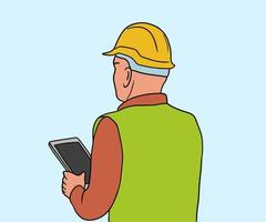 Illustration of a construction worker holding a tablet vector