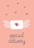 Valentine's Day greeting card with hand drawn envelope with wings. Template for greeting card, invitation, poster, banner, label vector
