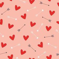 Abstract seamless pattern with red hearts and arrows on pink background. Hand drawn doodle style vector