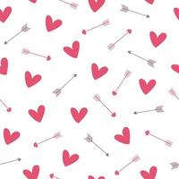 Abstract seamless pattern with pink hearts and arrows on white background. Hand drawn doodle style vector