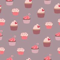 Seamless pattern of cupcakes with hearts on grey background. Hand drawn doodle style vector