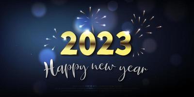 feliz año nuevo 2023. número de metal dorado y texto con bubber bokeh y fuegos artificiales sobre fondo azul degradado. vector