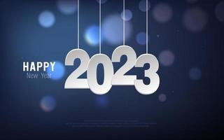 feliz año nuevo 2023. número de corte de papel colgante y burbuja de bokeh sobre fondo azul degradado. vector