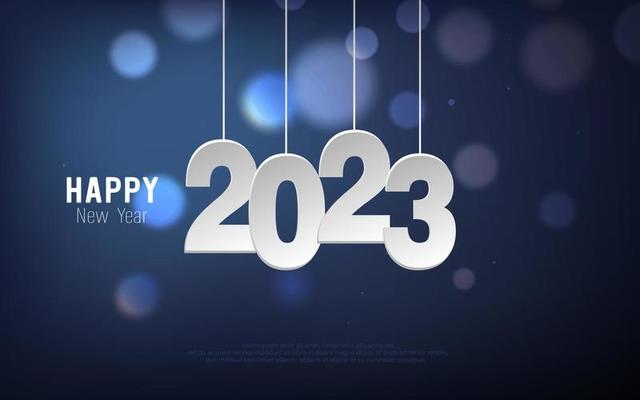 Happy New Year 2023. Hanging paper cut number and bokeh bubber on blue gradient background.