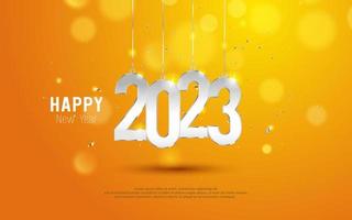 feliz año nuevo 2023. número de corte de papel colgante y burbuja de bokeh sobre fondo naranja degradado. vector