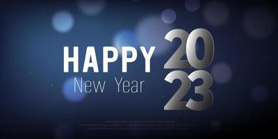 Happy New Year 2023. paper cut number and text whit bokeh bubber on blue gradient background. vector