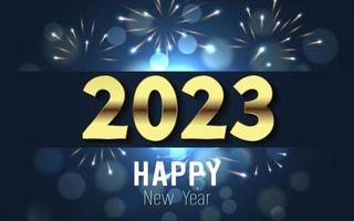 Happy New Year 2023. gold metal number and text whit bokeh bubber and fireworks on blue gradient background. vector