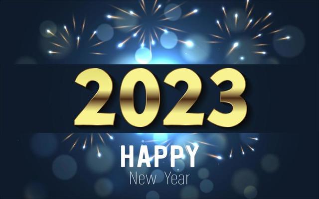 Happy New Year 2023. gold metal number and text whit bokeh bubber and fireworks on blue gradient background.