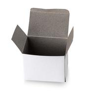 Opened white cardboard box isolated on white background photo
