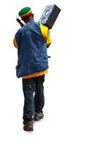 stylish young african american man in sunglasses holding tape recorder photo