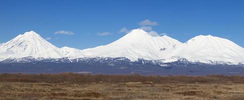 Panorama Koryaksky Avachinsky Kozelsky volcanoes of Kamchatka Peninsula photo