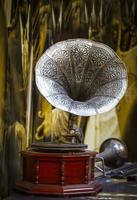 retro old gramophone with horn speaker for playing music photo