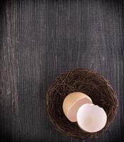 broun broken egg shells in the nest on wooden surface photo