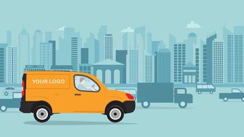 Cartoon delivery truck van with man courier. Vector illustration of yellow truck delivery against the background of the city. Courier sitting in the van car. Cargo auto. Flat style, side view.