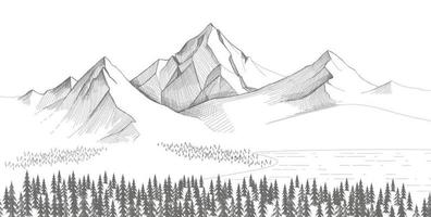 Mountain Landscape, forest pine trees sketch. Hand drawn vector Illustration