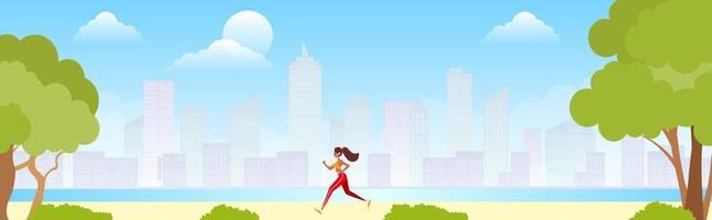 Running in city park. Woman runner outside jogging in park. Vector flat illustration.