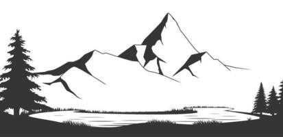 Mountain range black and white vector illustration.