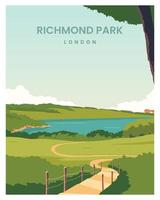 cartel de viaje de richmond park, londres, reino unido. día soleado a finales de otoño. fondo de ilustración vectorial con estilo plano para póster, postal, tarjeta, impresión. vector