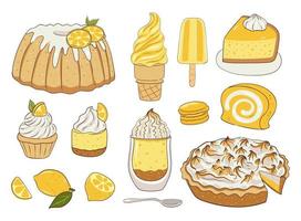 Set of different lemon desserts isolated on white background. Vector graphics.