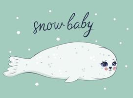 Postcard with a cute baby seal. Vector graphics.