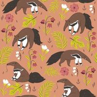 Seamless pattern with cute anteaters and flowers. Vector graphics.