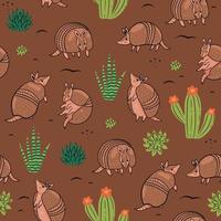 Seamless pattern with cute armadillos in the desert. Vector graphics.