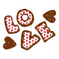 Letters love in the form of cookies with icing. Ginger cookies in the shape of letters with a contour of glaze. Background for printing a postcard with cookies vector