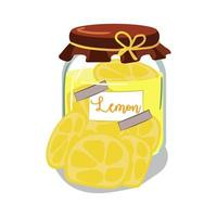 A jar of lemon jam is a cute vector illustration. Vintage glass container with jelly and berry label. Cute vector illustration for printing on textiles and paper