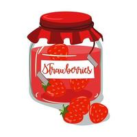Strawberry jam jar cute vector illustration. Vintage glass container with jelly and berry label. Cute vector illustration for printing on textiles and paper