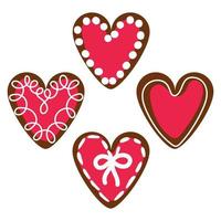 un conjunto de corazones de diferentes colores en forma de galletas con glaseado. galletas de jengibre en forma de corazones con un tipo diferente de glaseado. fondo para imprimir empaques de vacaciones, tienda de dulces vector