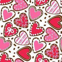 A pattern of a set of hearts of the same color in the form of cookies with icing. Ginger cookies in the shape of hearts with a different kind of glaze. Background for printing holiday packaging vector