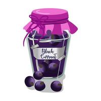 Jar of black currant jam cute vector illustration. Vintage glass container with jelly and berry label. Cute vector illustration for printing on textiles and paper