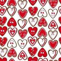 un patrón de un conjunto de corazones del mismo color en forma de galletas con glaseado. galletas de jengibre en forma de corazones con un tipo diferente de glaseado. fondo para imprimir empaques navideños vector