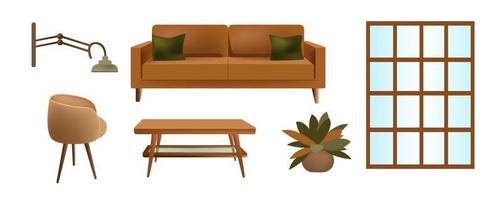 Set of furniture in the living room. Sofa, chair, coffee table, lamp and window. Isolated objects on a white background. vector