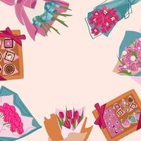 Background with bouquets of flowers, Valentines Day, Women s Day, Mother s Day design in flat style. Festive background, banner, greeting card, and flyer. Vector illustration.