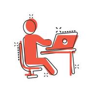 People with laptop computer icon in comic style. Pc user cartoon vector illustration on white isolated background. Office manager splash effect business concept.