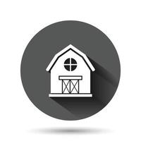 Barn icon in flat style. Farm house vector illustration on black round background with long shadow effect. Agriculture storehouse circle button business concept.