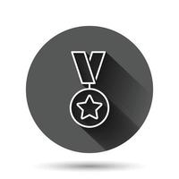 icono de medalla en estilo plano. Ilustración de vector de signo de premio sobre fondo redondo negro con efecto de sombra larga. Concepto de negocio de botón de círculo de premio de trofeo.