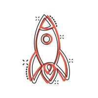 Rocket icon in comic style. Spaceship launch cartoon vector illustration on white isolated background. Sputnik splash effect business concept.