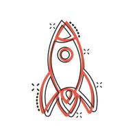 Rocket icon in comic style. Spaceship launch cartoon vector illustration on white isolated background. Sputnik splash effect business concept.