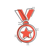 icono de medalla en estilo cómico. ilustración de vector de signo de dibujos animados de premio sobre fondo blanco aislado. concepto de negocio de efecto de salpicadura de premio de trofeo.