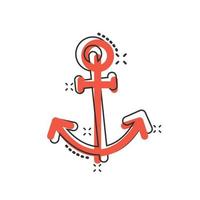 Boat anchor icon in comic style. Vessel hook cartoon vector illustration on white isolated background. Ship equipment splash effect business concept.