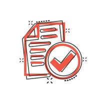 Approved document icon in comic style. Authorize cartoon vector illustration on white isolated background. Agreement check mark splash effect business concept.