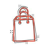 Shopping bag icon in comic style. Handbag cartoon sign vector illustration on white isolated background. Package splash effect business concept.