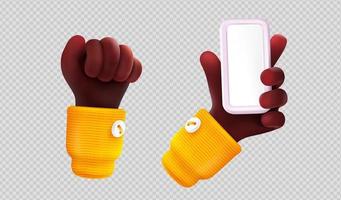 3d render black hand fist and palm hold smartphone vector