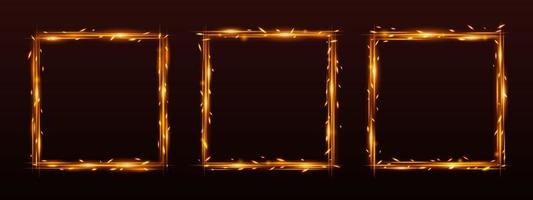 Frames with fire sparkle effect, square borders vector