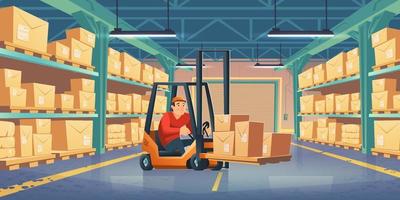 Warehouse with worker, forklift and boxes vector